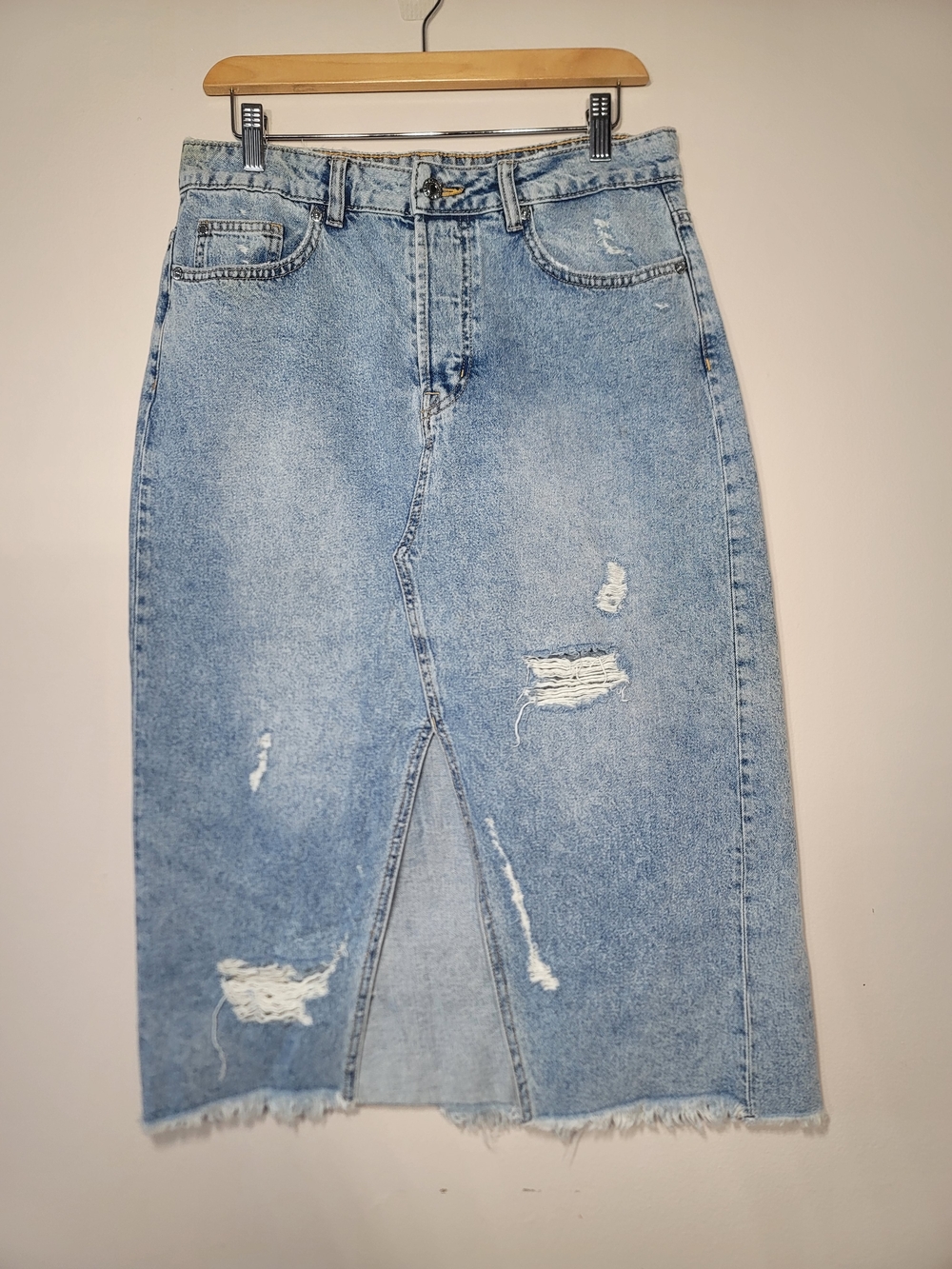 Light Wash &Denim Distressed Midi Skirt Y2K 90s Revival Festival Sz 12 Cotton